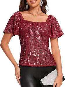 Women's Square Collar Fashion Short Sleeve Sequins Puff Sleeve Shirt