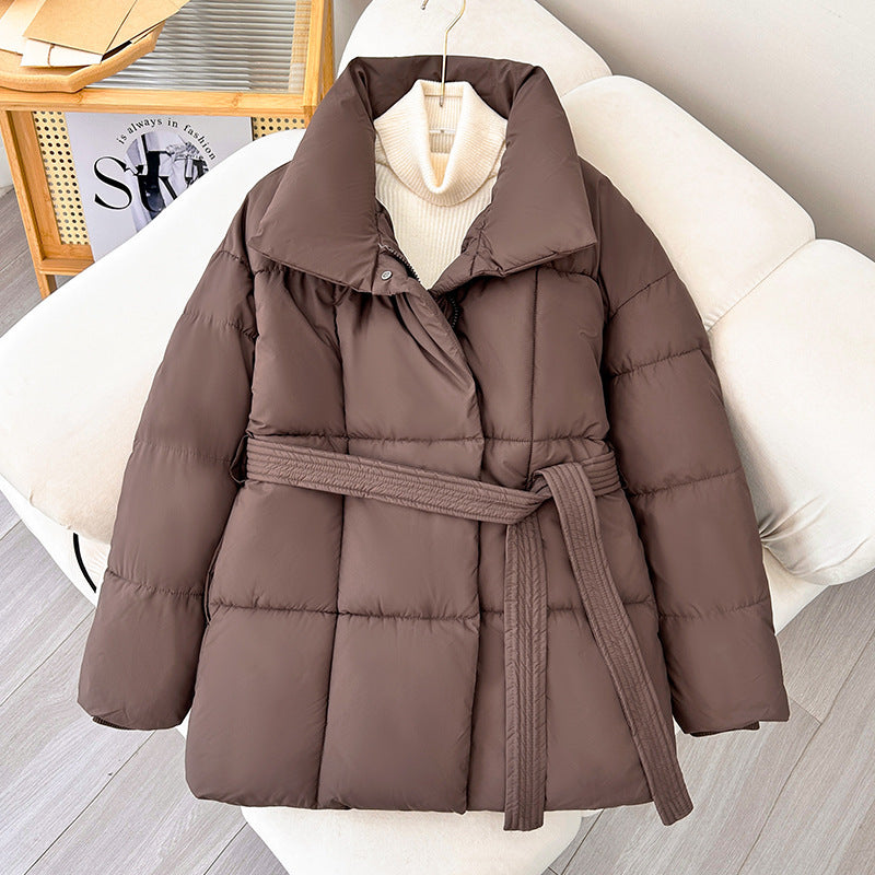 Winter Plaid Sewing Lapel Coat With Lace-up Design Fashion Loose Solid Thick Jacket Outerwear Women's Clothing