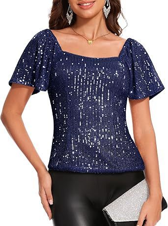 Women's Square Collar Fashion Short Sleeve Sequins Puff Sleeve Shirt