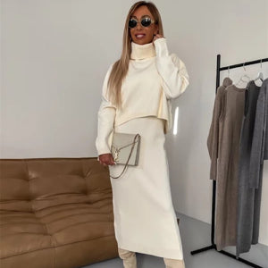 Chic 2-Piece Winter Sweater Set: Turtleneck Pullover & Sleeveless Long Dress