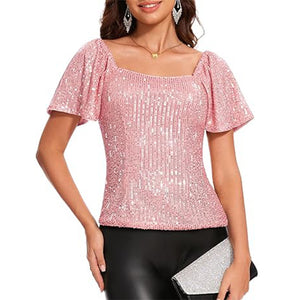 Women's Square Collar Fashion Short Sleeve Sequins Puff Sleeve Shirt