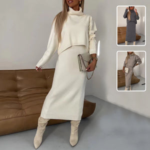 Chic 2-Piece Winter Sweater Set: Turtleneck Pullover & Sleeveless Long Dress