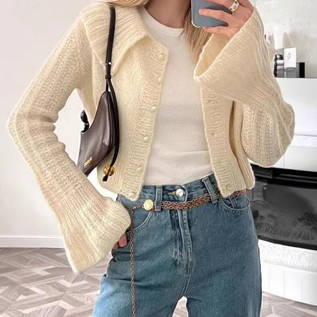 Short Lapels Bell Sleeve Sweater For Women