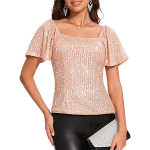 Women's Square Collar Fashion Short Sleeve Sequins Puff Sleeve Shirt