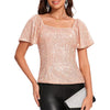 Women's Square Collar Fashion Short Sleeve Sequins Puff Sleeve Shirt