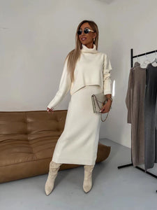 Chic 2-Piece Winter Sweater Set: Turtleneck Pullover & Sleeveless Long Dress