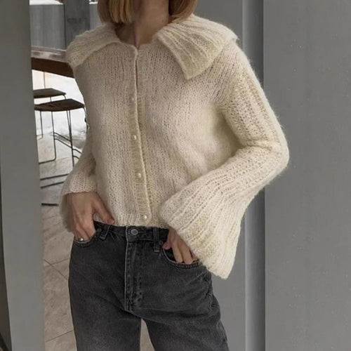 Short Lapels Bell Sleeve Sweater For Women