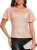 Women's Square Collar Fashion Short Sleeve Sequins Puff Sleeve Shirt