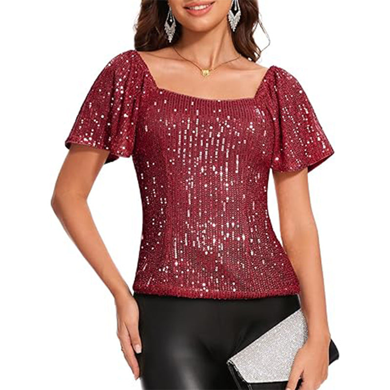 Women's Square Collar Fashion Short Sleeve Sequins Puff Sleeve Shirt