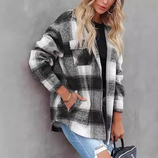 Women's Plaid Buckle Jacket Casual Fashion Long Sleeve Coat