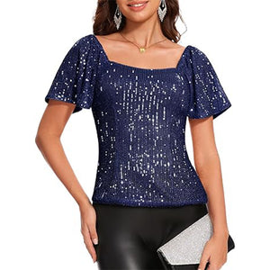 Women's Square Collar Fashion Short Sleeve Sequins Puff Sleeve Shirt