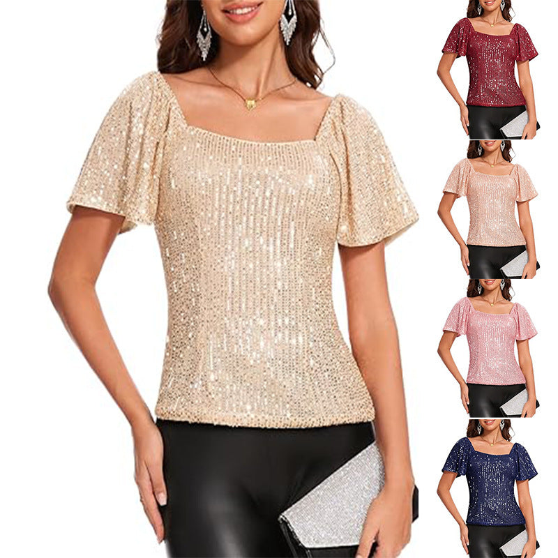 Women's Square Collar Fashion Short Sleeve Sequins Puff Sleeve Shirt