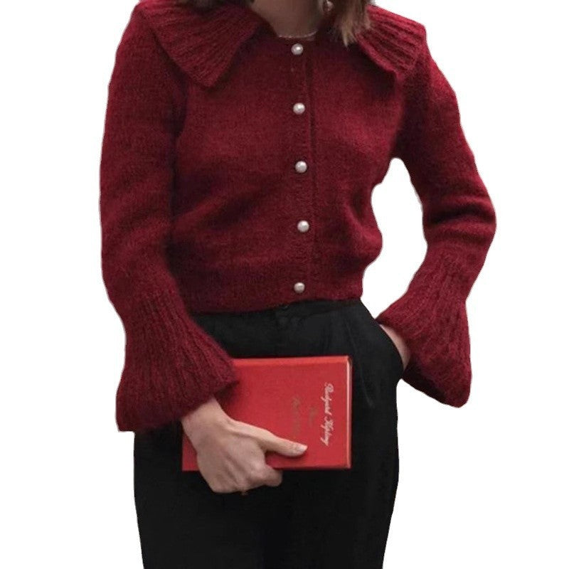 Short Lapels Bell Sleeve Sweater For Women